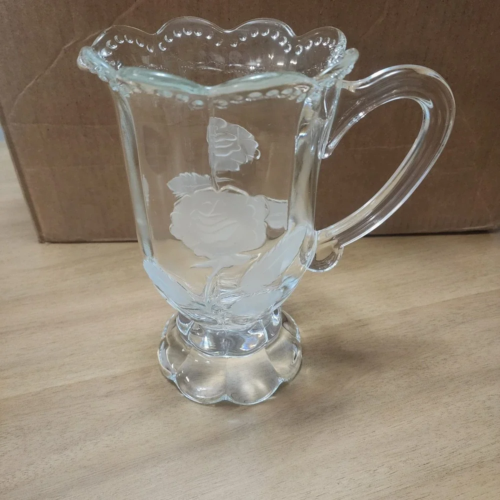 imperlux hardcut crystal Clear Glass Pitcher Roses Beaded  Footed etched fluted